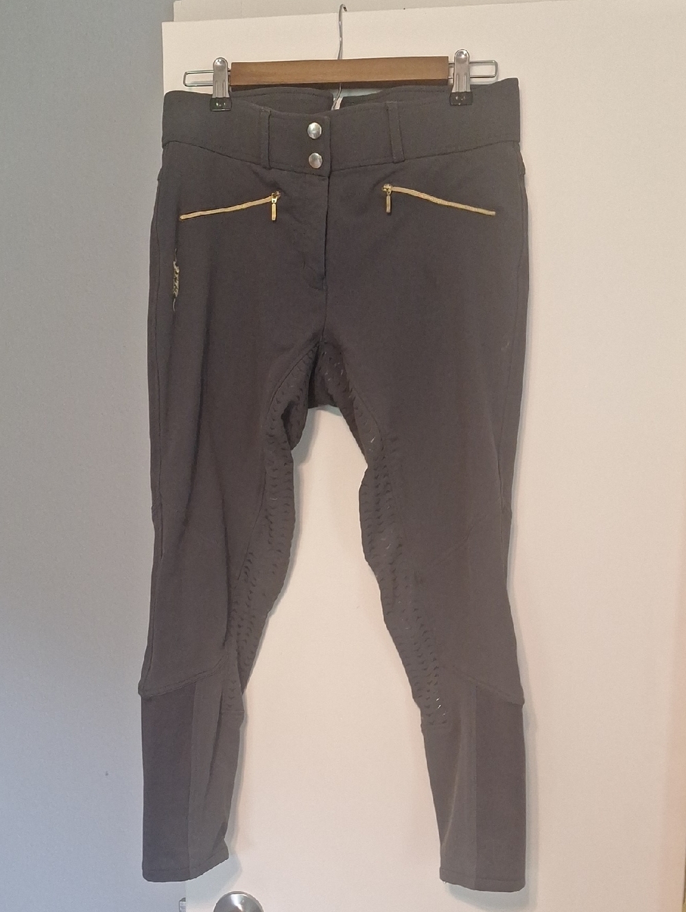 ELT High End Gray High Waisted Full Seat Riding Breeches with Gold  Zippers